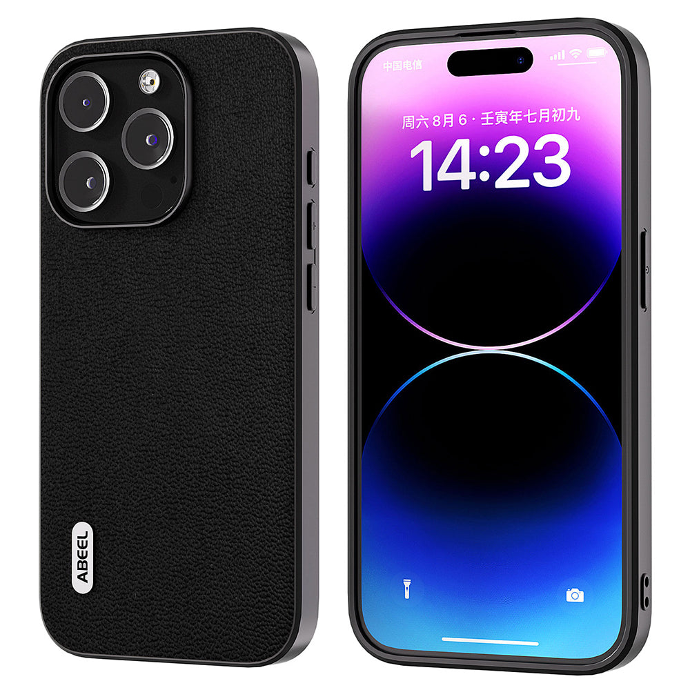 ABEEL For iPhone 14 Pro Max Phone Case Litchi Texture Genuine Cow Leather Coated PC TPU Cover