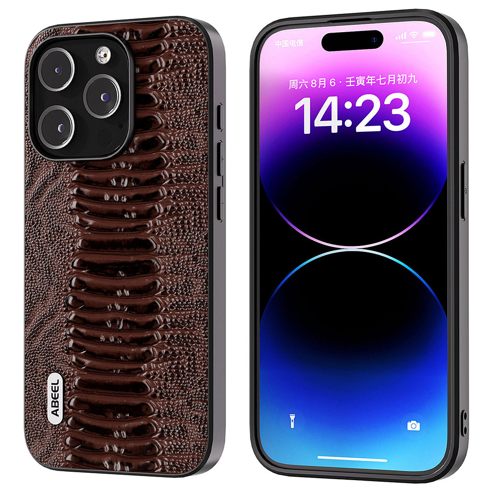 ABEEL For iPhone 14 Pro Crocodile Texture PC TPU Phone Case Genuine Cow Leather Coated Cover