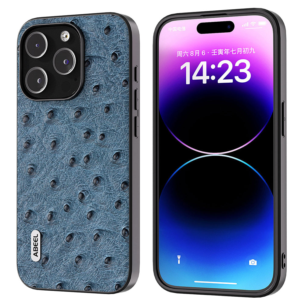 ABEEL Ostrich Texture Cover for iPhone 14 Pro Genuine Cow Leather Coated PC TPU Phone Case