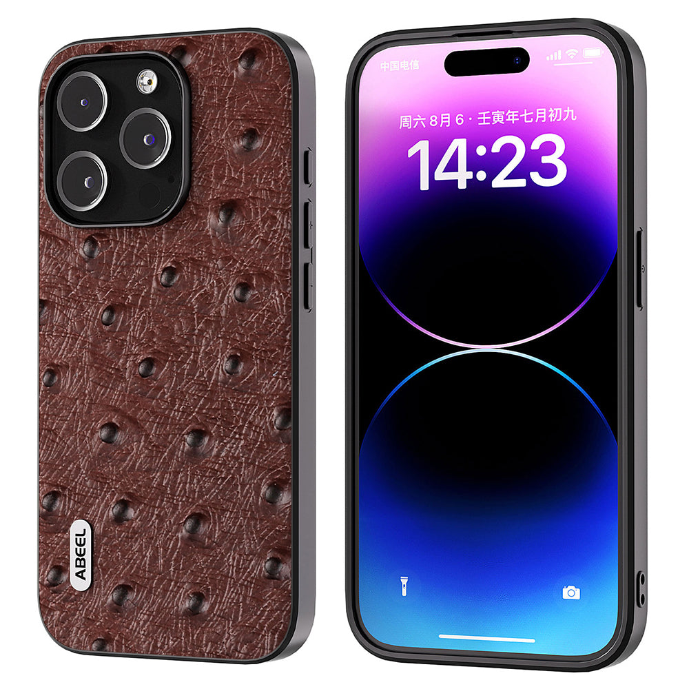 ABEEL Ostrich Texture Cover for iPhone 14 Pro Genuine Cow Leather Coated PC TPU Phone Case