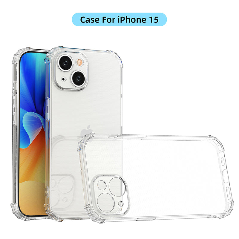 Kryt na telefon odolný proti poškrábání pro iPhone 15 HD Transparentní TPU skořepina, čtyřrohový, nárazuvzdorný kryt telefonu