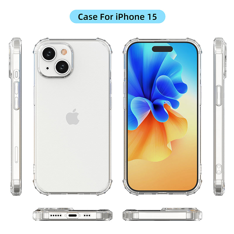 Kryt na telefon odolný proti poškrábání pro iPhone 15 HD Transparentní TPU skořepina, čtyřrohový, nárazuvzdorný kryt telefonu