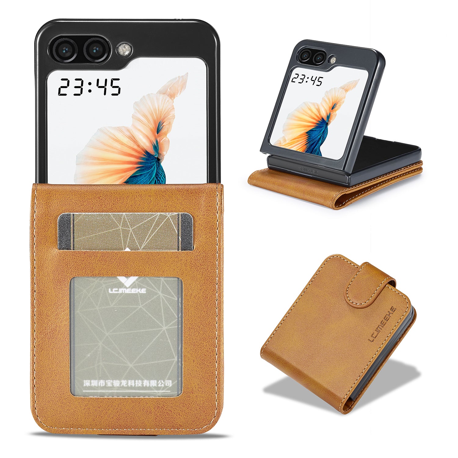 LC.IMEEKE For Samsung Galaxy Z Flip5 5G PU Leather Phone Case Card Holder Calf Texture Stand Cover