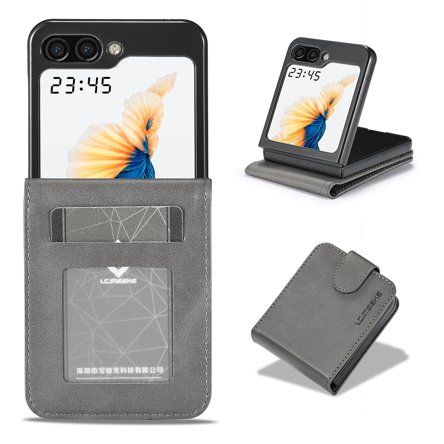 LC.IMEEKE For Samsung Galaxy Z Flip5 5G PU Leather Phone Case Card Holder Calf Texture Stand Cover