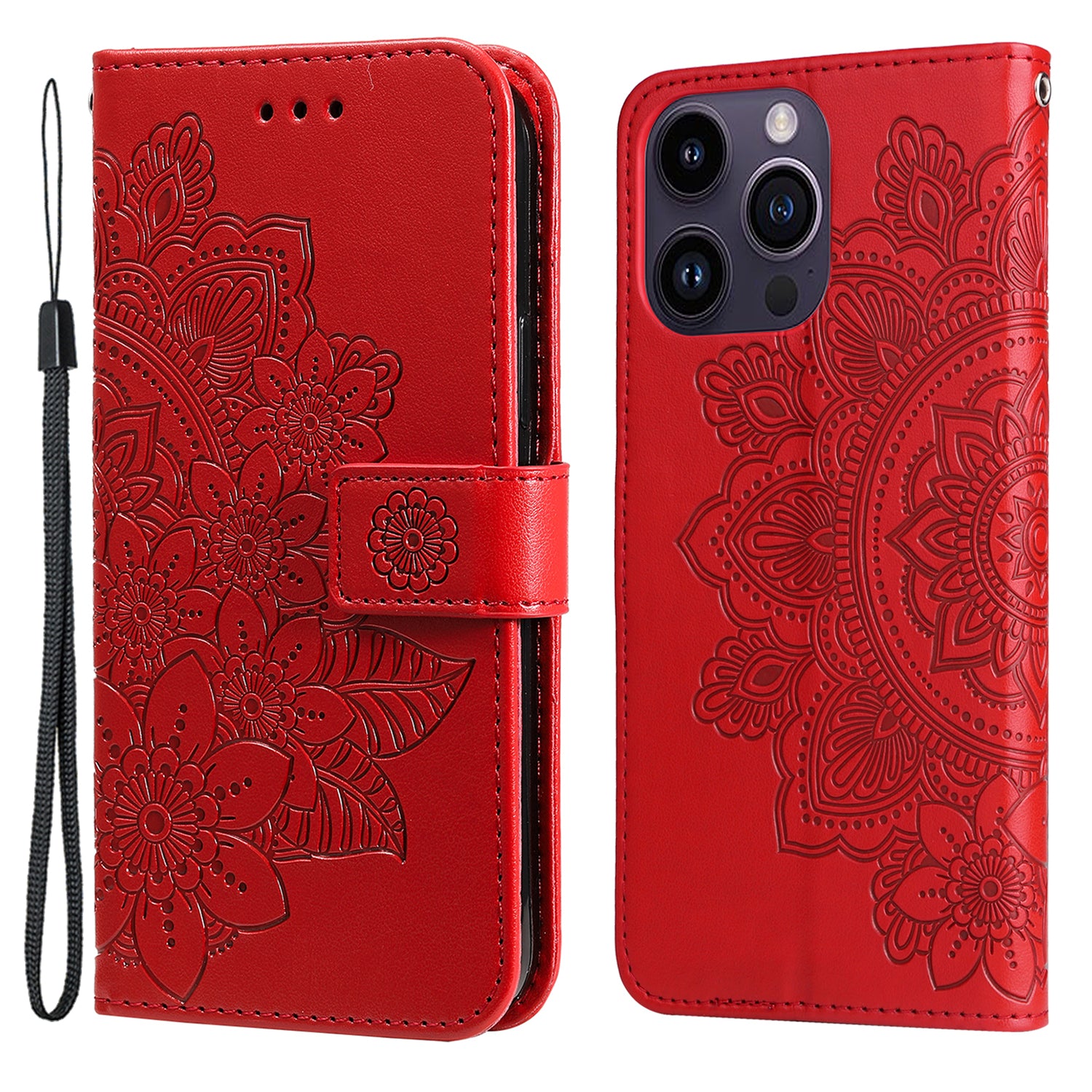 For iPhone 15 Pro Max Stand Phone Case Wallet Imprinted Flower Pattern TPU PU Leather Cover Shell