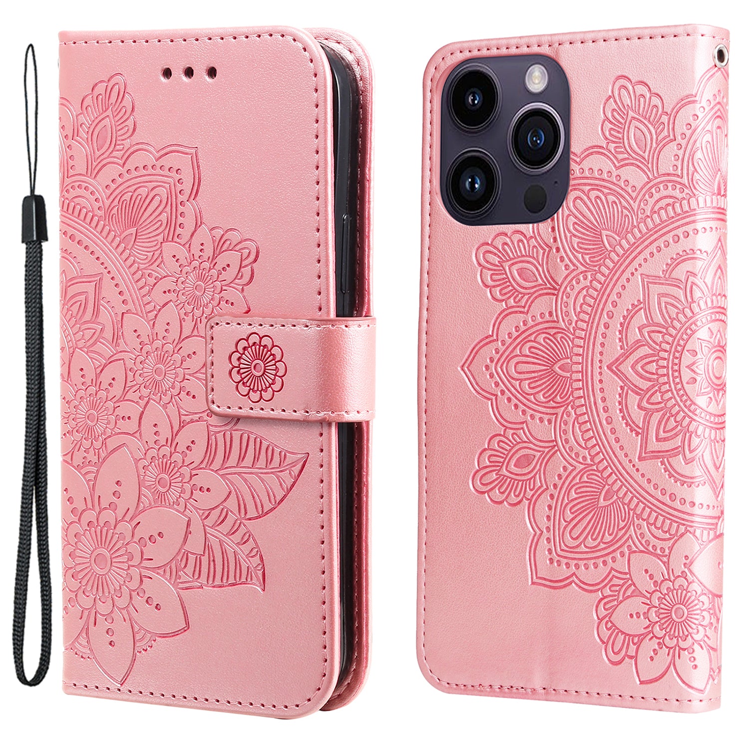 For iPhone 15 Pro Max Stand Phone Case Wallet Imprinted Flower Pattern TPU PU Leather Cover Shell
