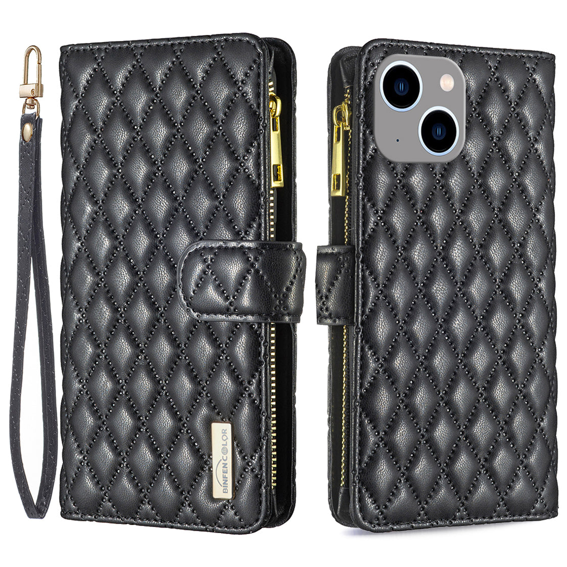 BINFEN COLOR BF Style-15 For iPhone 15 Wallet Phone Stand Shell Flip Case Zipper Pocket Leather Cover