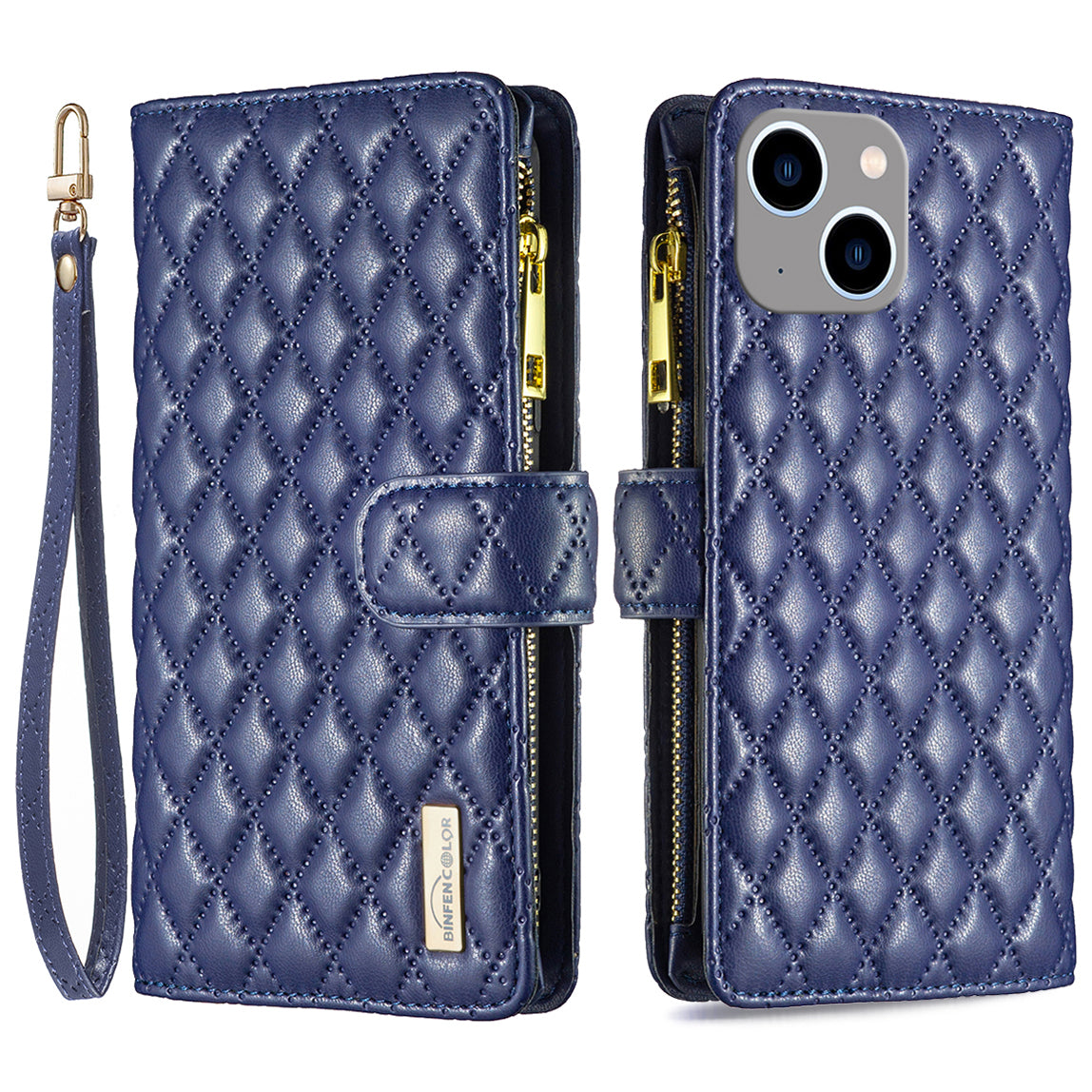 BINFEN COLOR BF Style-15 For iPhone 15 Wallet Phone Stand Shell Flip Case Zipper Pocket Leather Cover
