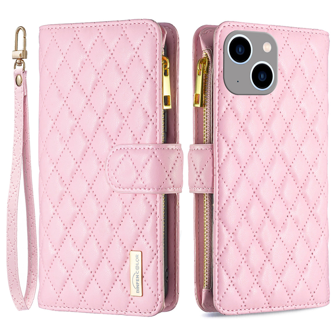 BINFEN COLOR BF Style-15 For iPhone 15 Wallet Phone Stand Shell Flip Case Zipper Pocket Leather Cover