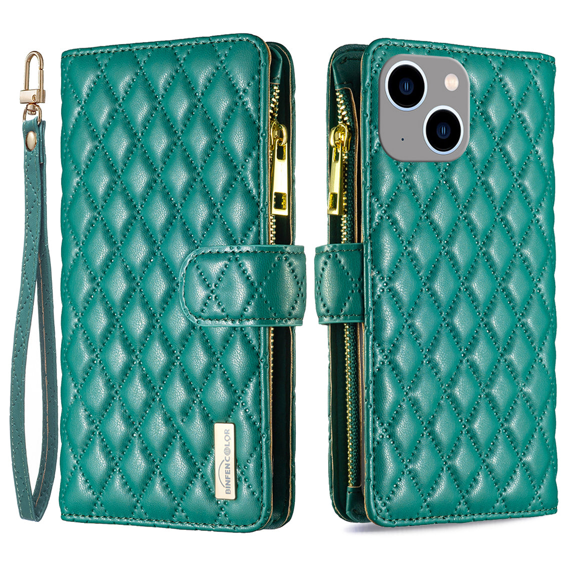 BINFEN COLOR BF Style-15 For iPhone 15 Wallet Phone Stand Shell Flip Case Zipper Pocket Leather Cover