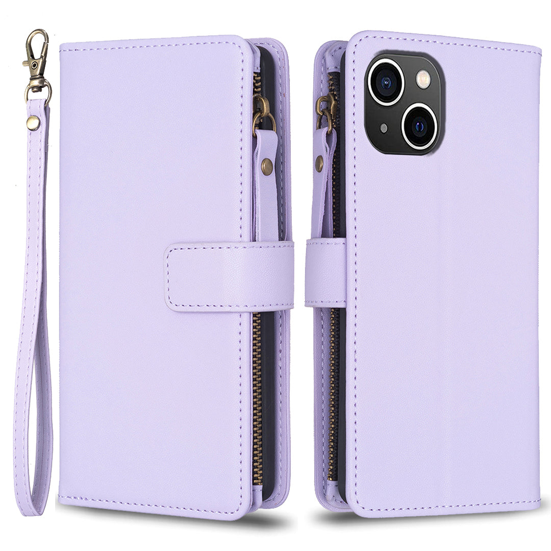 BF Style-19 For iPhone 15 PU Leather Stand Phone Case Zipper Pocket Anti-drop Wallet Cover