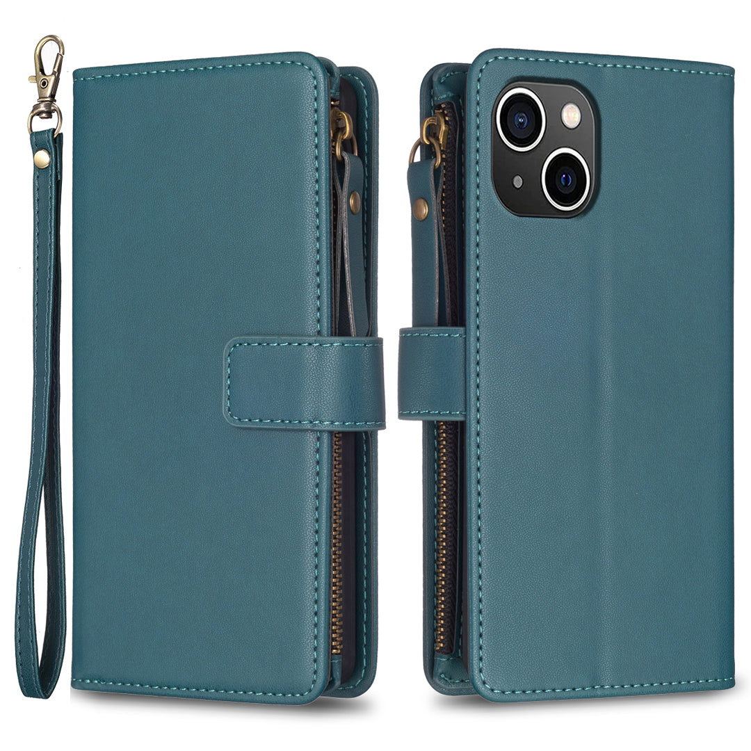 BF Style-19 For iPhone 15 PU Leather Stand Phone Case Zipper Pocket Anti-drop Wallet Cover