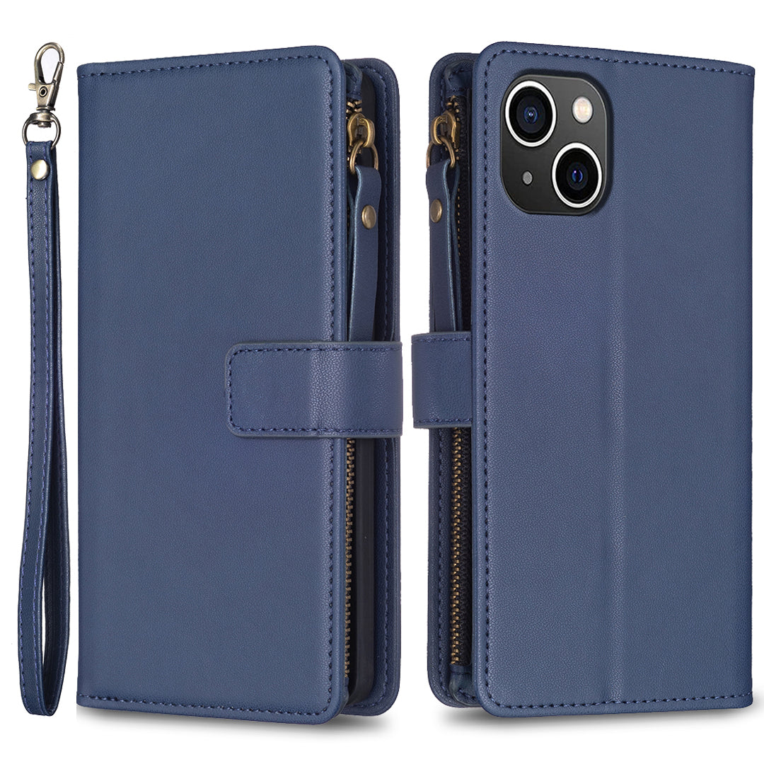 BF Style-19 For iPhone 15 PU Leather Stand Phone Case Zipper Pocket Anti-drop Wallet Cover