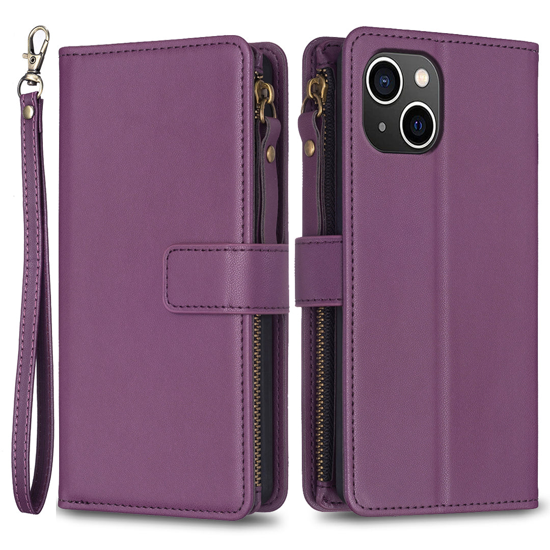 BF Style-19 For iPhone 15 PU Leather Stand Phone Case Zipper Pocket Anti-drop Wallet Cover