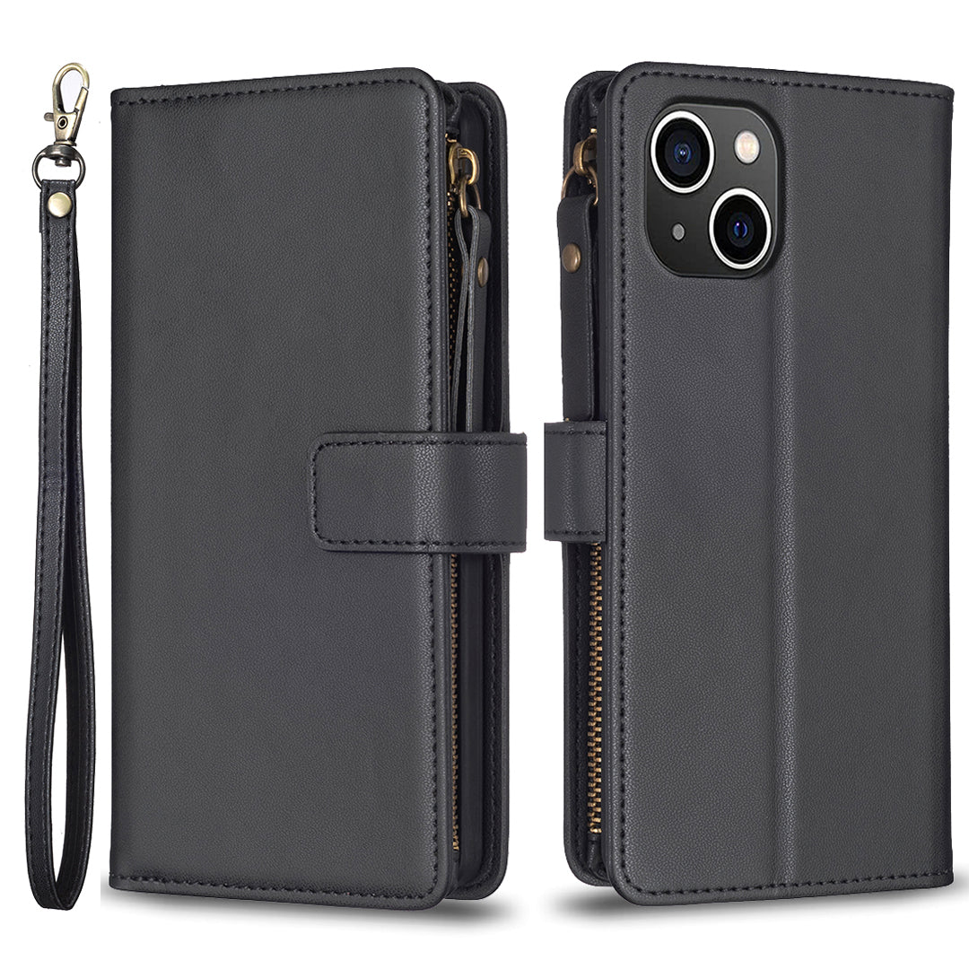 BF Style-19 For iPhone 15 PU Leather Stand Phone Case Zipper Pocket Anti-drop Wallet Cover