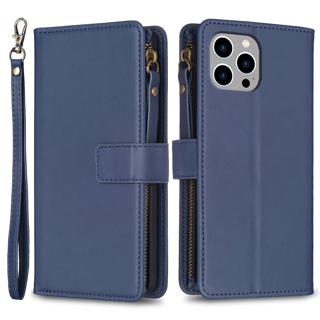 BF Style-19 For iPhone 15 Pro Max PU Leather Phone Case Flip Wallet Stand Cover with Zipper Pocket