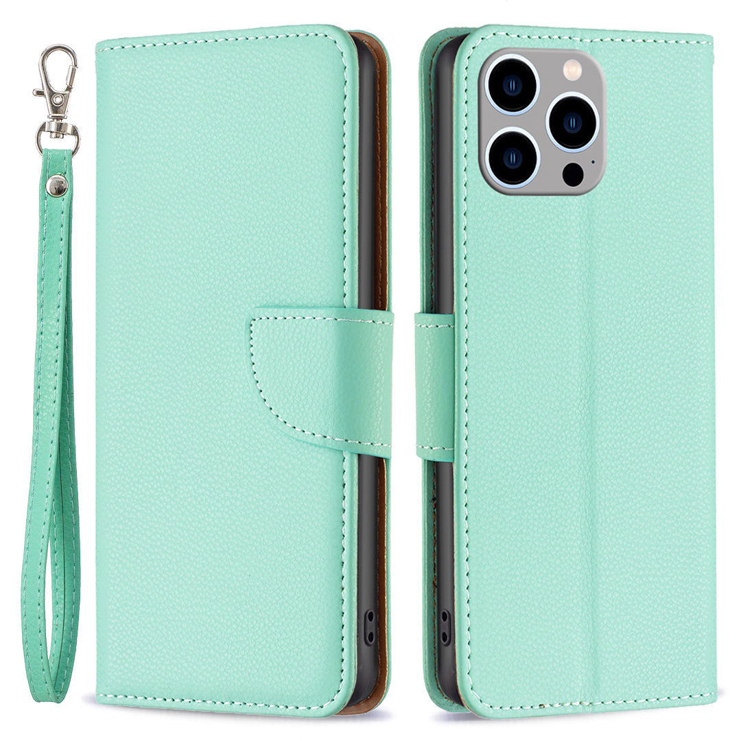 Til iPhone 15 Pro Max Wallet PU-læderetui Litchi Texture Stand Anti-drop telefoncover med rem