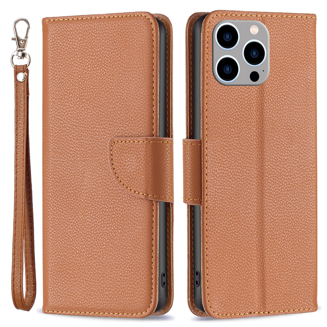 Til iPhone 15 Pro Max Wallet PU-læderetui Litchi Texture Stand Anti-drop telefoncover med rem