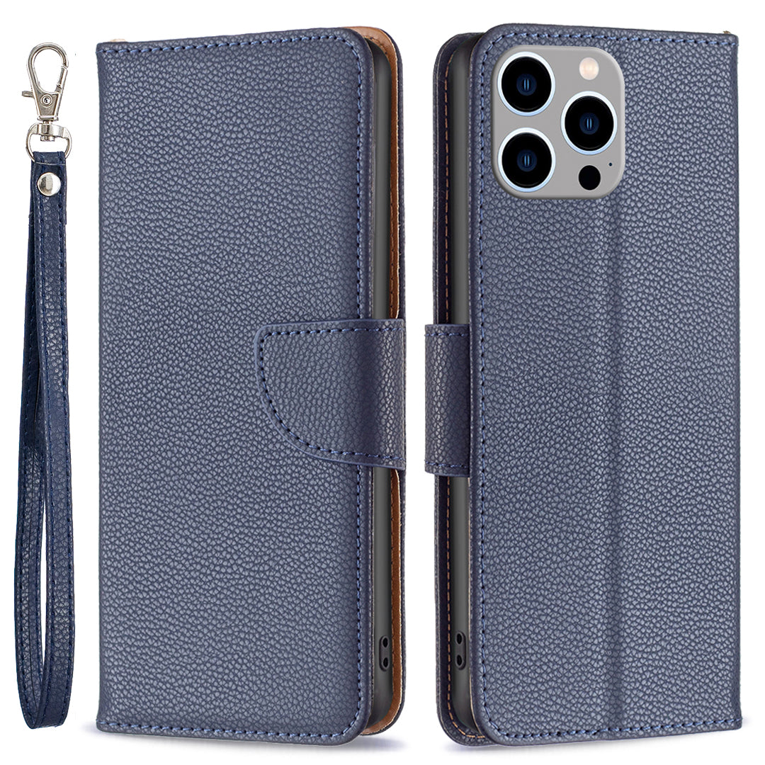 Til iPhone 15 Pro Max Wallet PU-læderetui Litchi Texture Stand Anti-drop telefoncover med rem