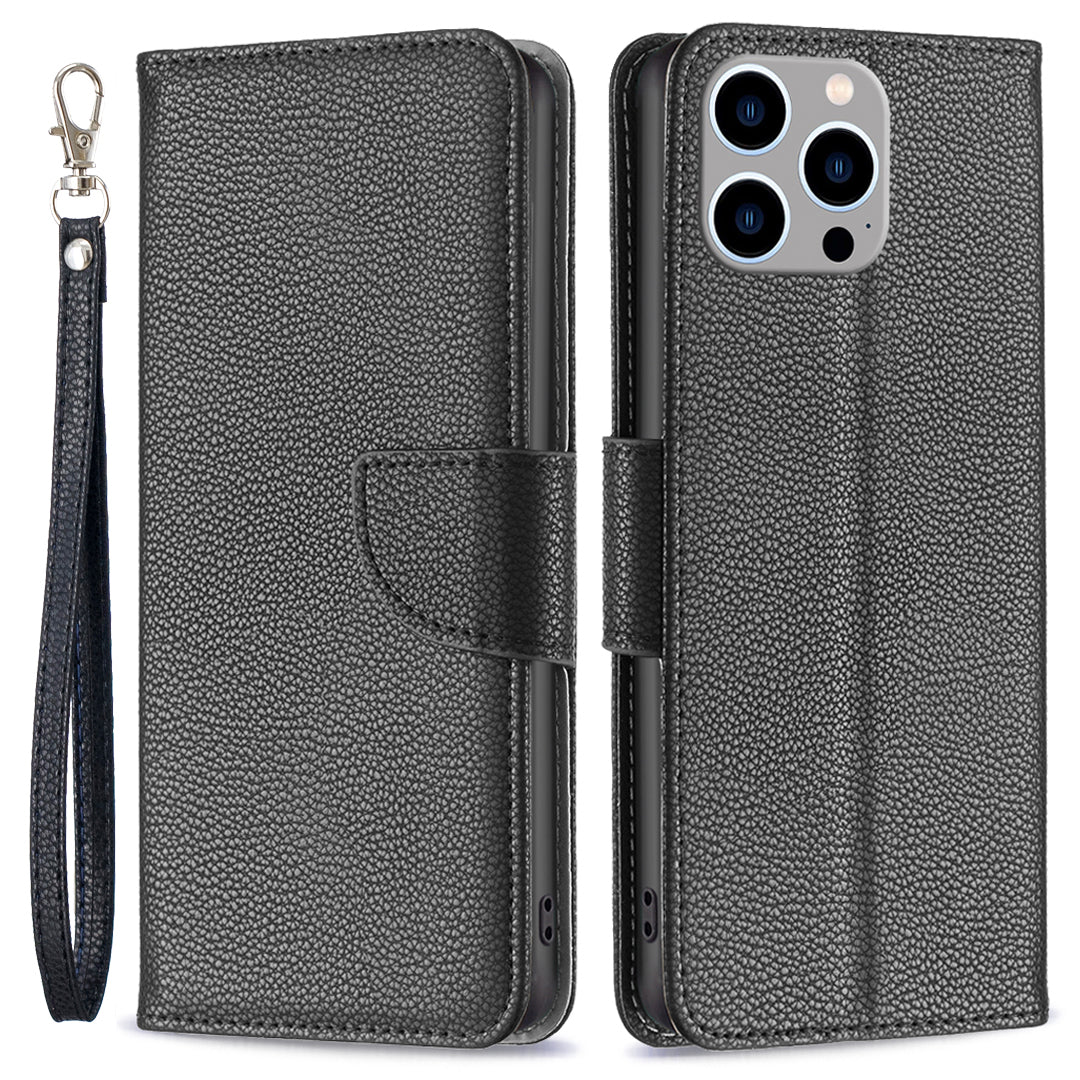 Til iPhone 15 Pro Max Wallet PU-læderetui Litchi Texture Stand Anti-drop telefoncover med rem