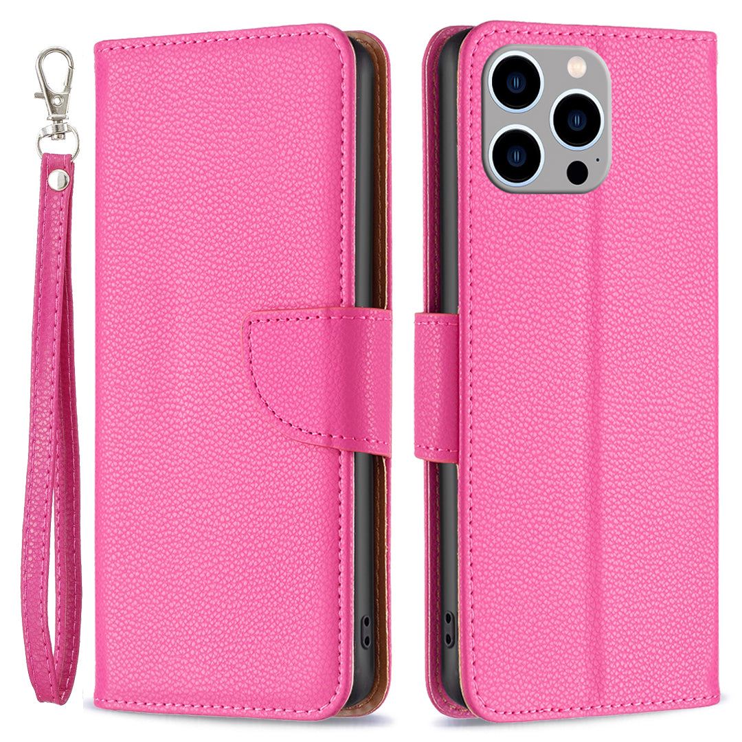 Til iPhone 15 Pro Max Wallet PU-læderetui Litchi Texture Stand Anti-drop telefoncover med rem