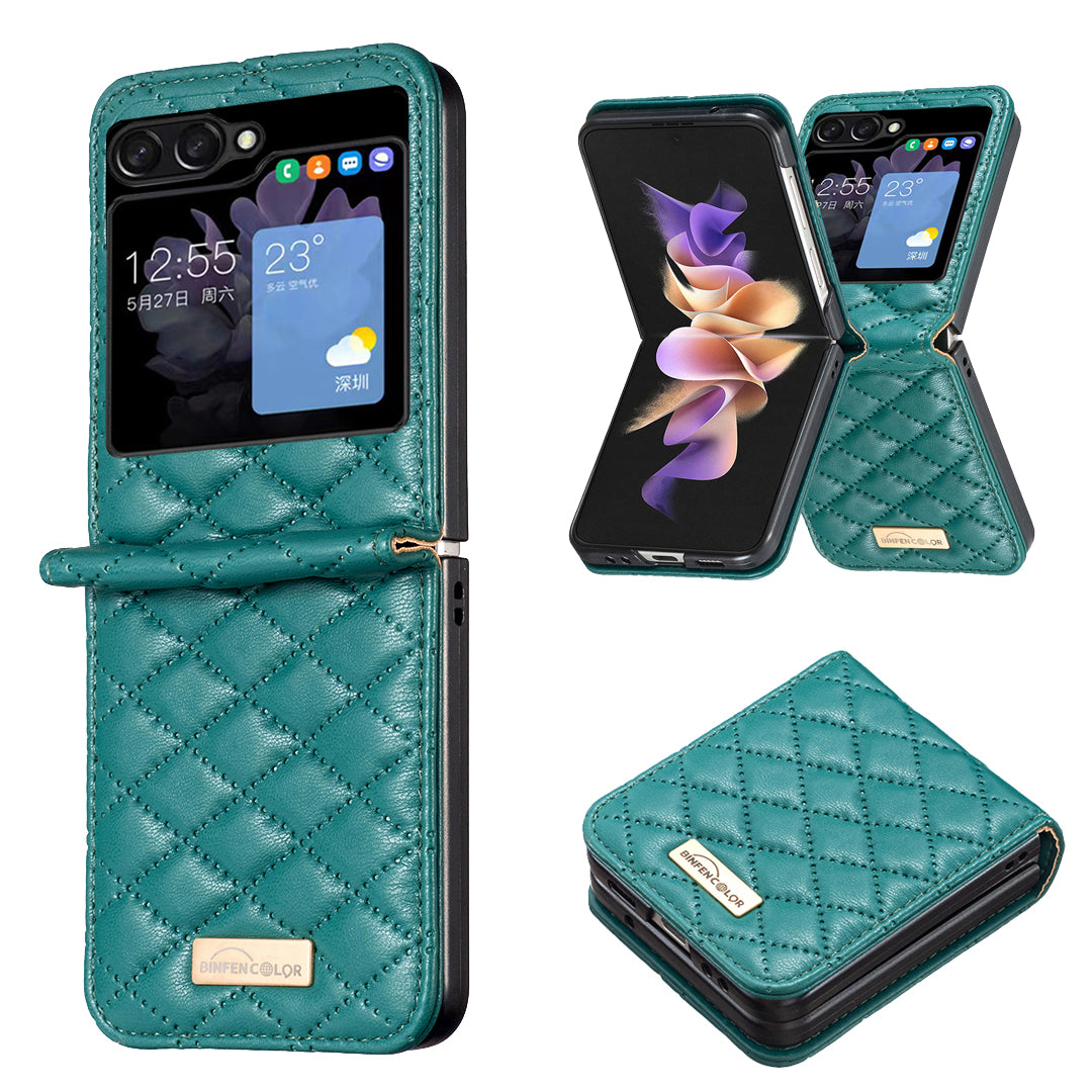 BINFEN COLOR For Samsung Galaxy Z Flip5 5G PU Leather PC Case Imprinted Rhombus Pattern Phone Cover