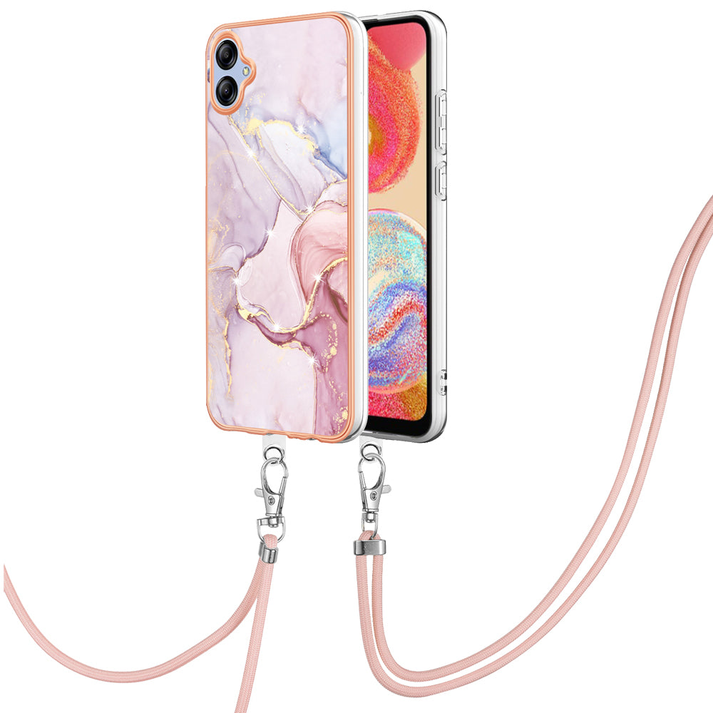 YB IMD Series-9 For Samsung Galaxy A04e F04 M04 4G Marble Pattern Case Electroplated IMD TPU Cover with Lanyard
