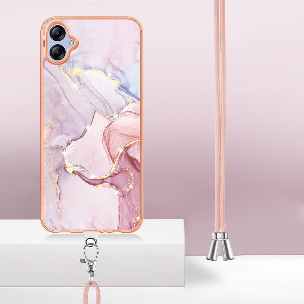 YB IMD Series-9 For Samsung Galaxy A04e F04 M04 4G Marble Pattern Case Electroplated IMD TPU Cover with Lanyard