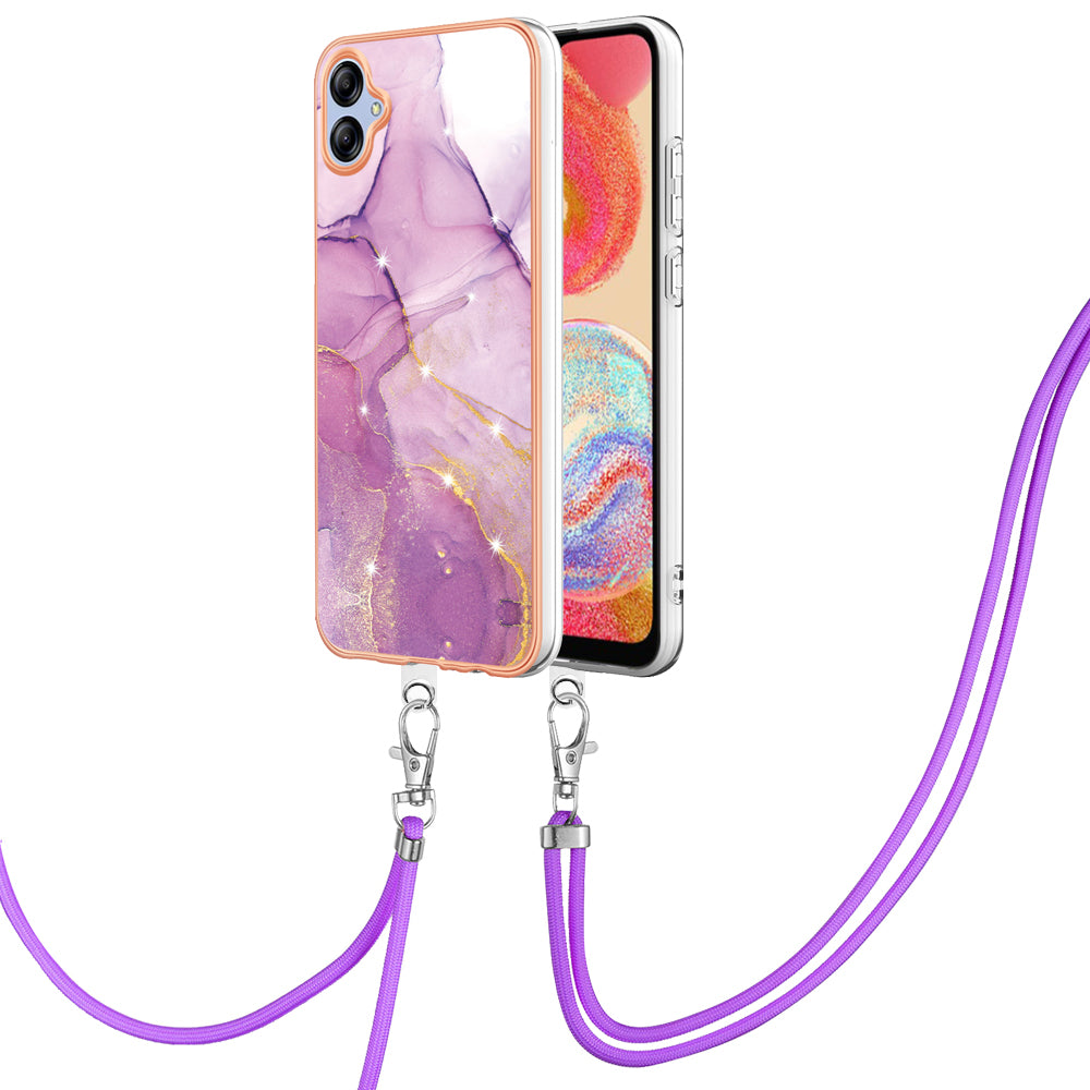 YB IMD Series-9 For Samsung Galaxy A04e F04 M04 4G Marble Pattern Case Electroplated IMD TPU Cover with Lanyard