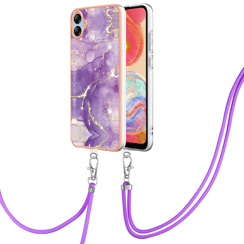 YB IMD Series-9 For Samsung Galaxy A04e F04 M04 4G Marble Pattern Case Electroplated IMD TPU Cover with Lanyard
