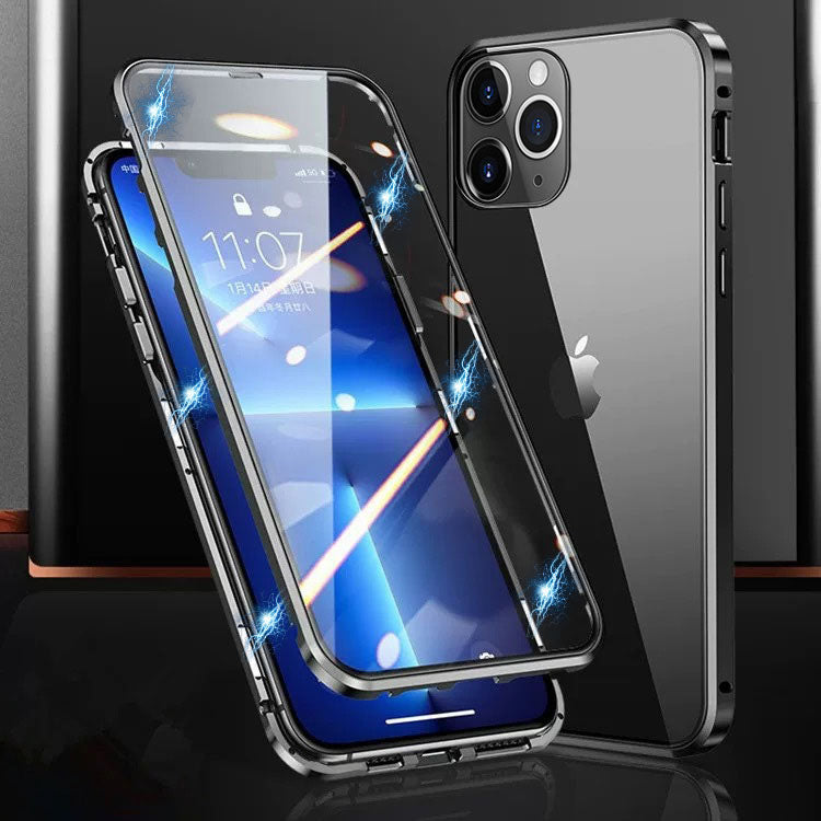 Til iPhone 15 Pro Max etui Magnetisk lukning Metalramme Dobbeltsidet hærdet glas klart telefoncover