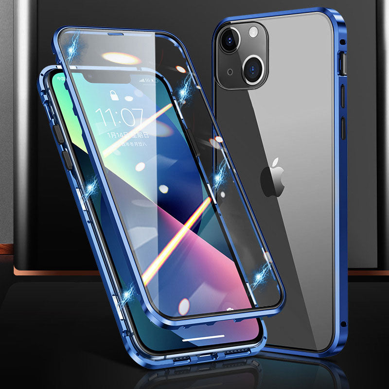 Magnetic Metal Frame Dual Side Tempered Glass Phone Case for iPhone 15 Full Protection Clear Phone Cover