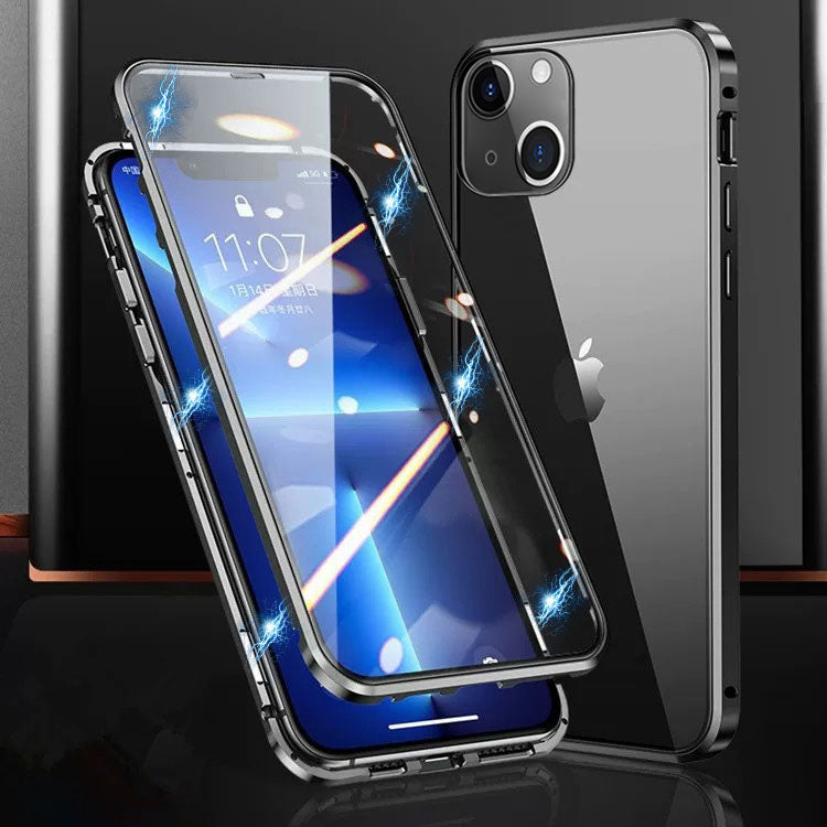 Phone Case for iPhone 15 Plus Magnetic Adsorption Metal Frame Double-sided Tempered Glass Clear Phone Cover