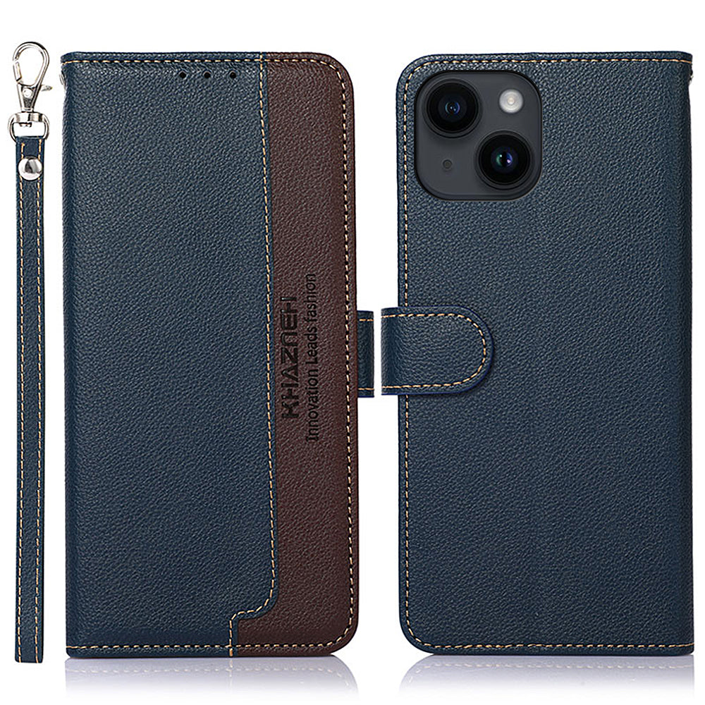 KHAZNEH Mobile Phone Case for iPhone 14 RFID Blocking Litchi Texture Stand Leather Shell Wallet Phone Cover