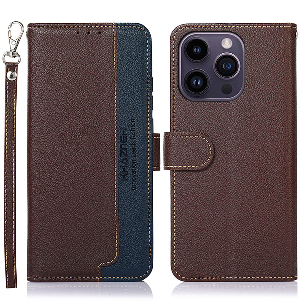 KHAZNEH For iPhone 14 Pro Max Leather Phone Case RFID Blocking Phone Cover Litchi Texture Stand Wallet
