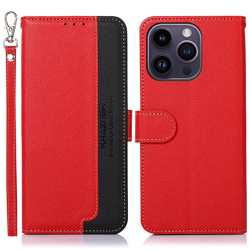 KHAZNEH For iPhone 14 Pro Max Leather Phone Case RFID Blocking Phone Cover Litchi Texture Stand Wallet
