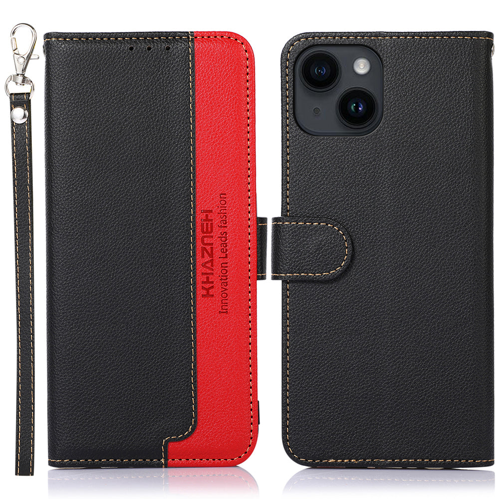 KHAZNEH For iPhone 15 RFID Blocking Litchi Texture Leather Case Stand Wallet Phone Cover