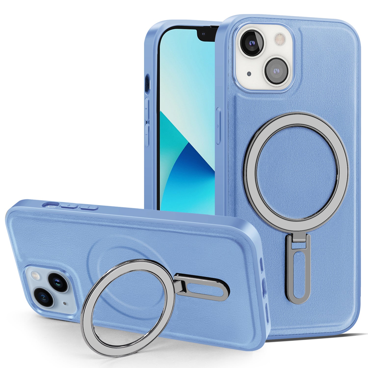 For iPhone 13 6.1 inch PU Leather Coated PC TPU Phone Case Magnetic Cover with Kickstand