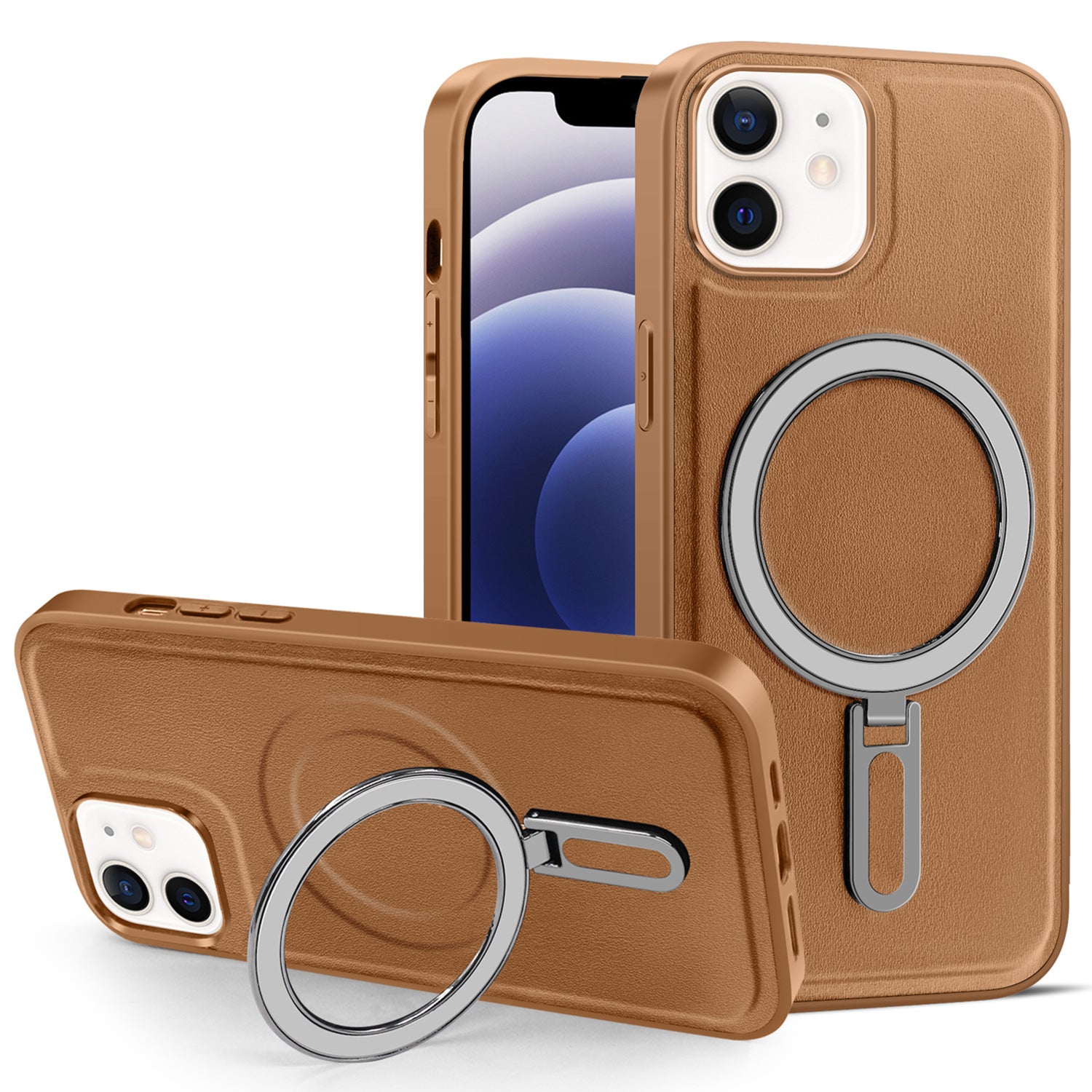 For iPhone 12/12 Pro 6.1 inch Phone Case Kickstand Design PU Leather Coated PC TPU Magnetic Cover