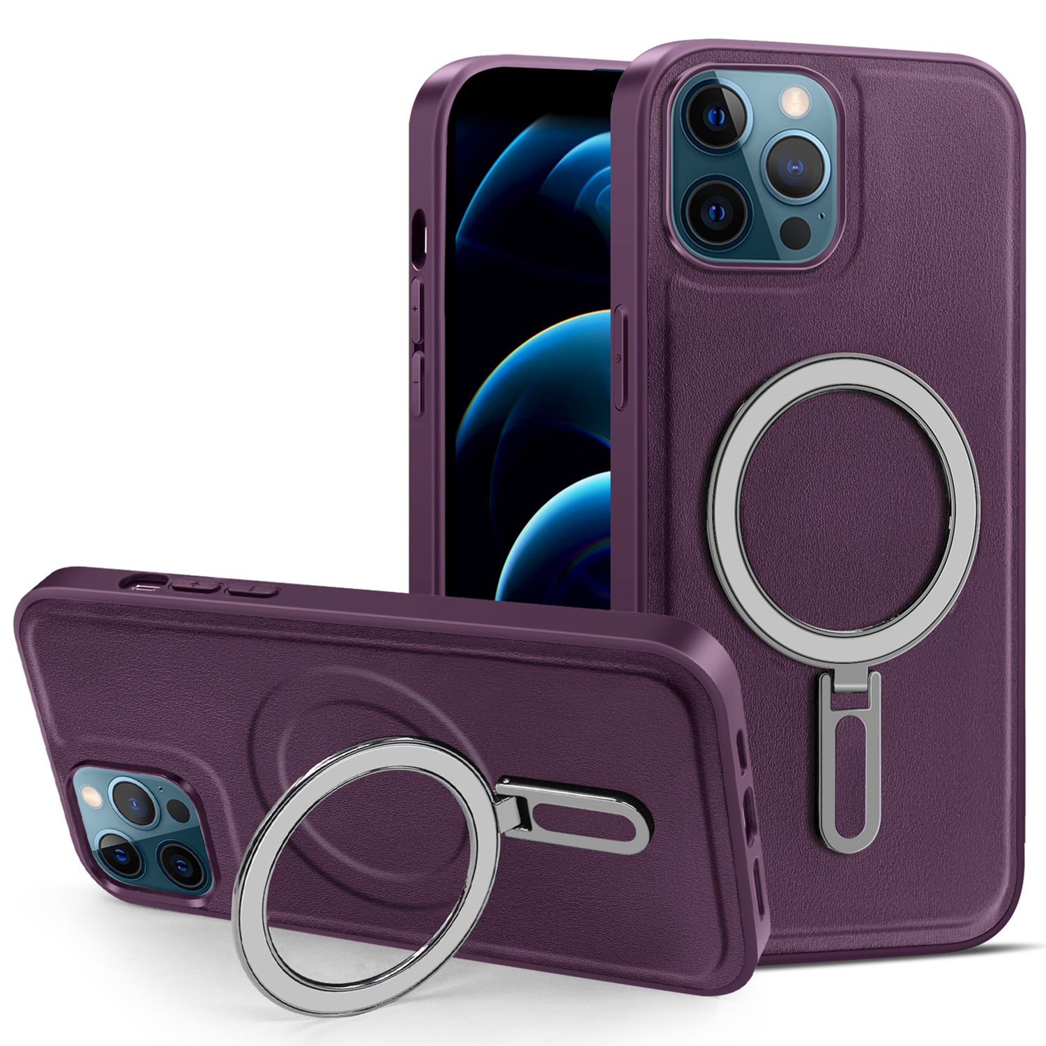 Telefoncover til iPhone 12 Pro Max 6,7 tommer Kickstand Design PU læderbelagt PC TPU magnetisk cover