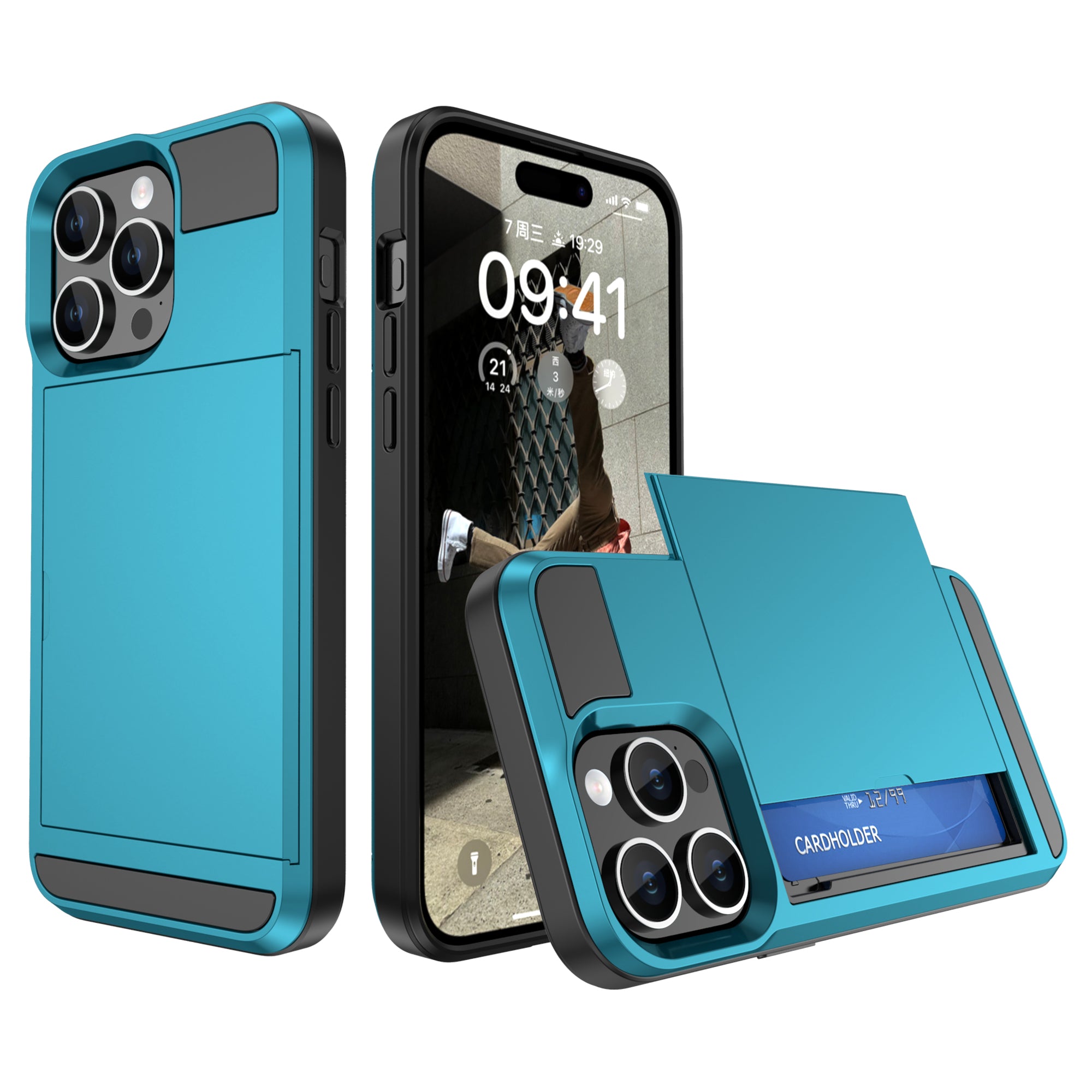PC TPU Phone Cover for iPhone 15 Sliding Card Holder Anti-scratch Back Case