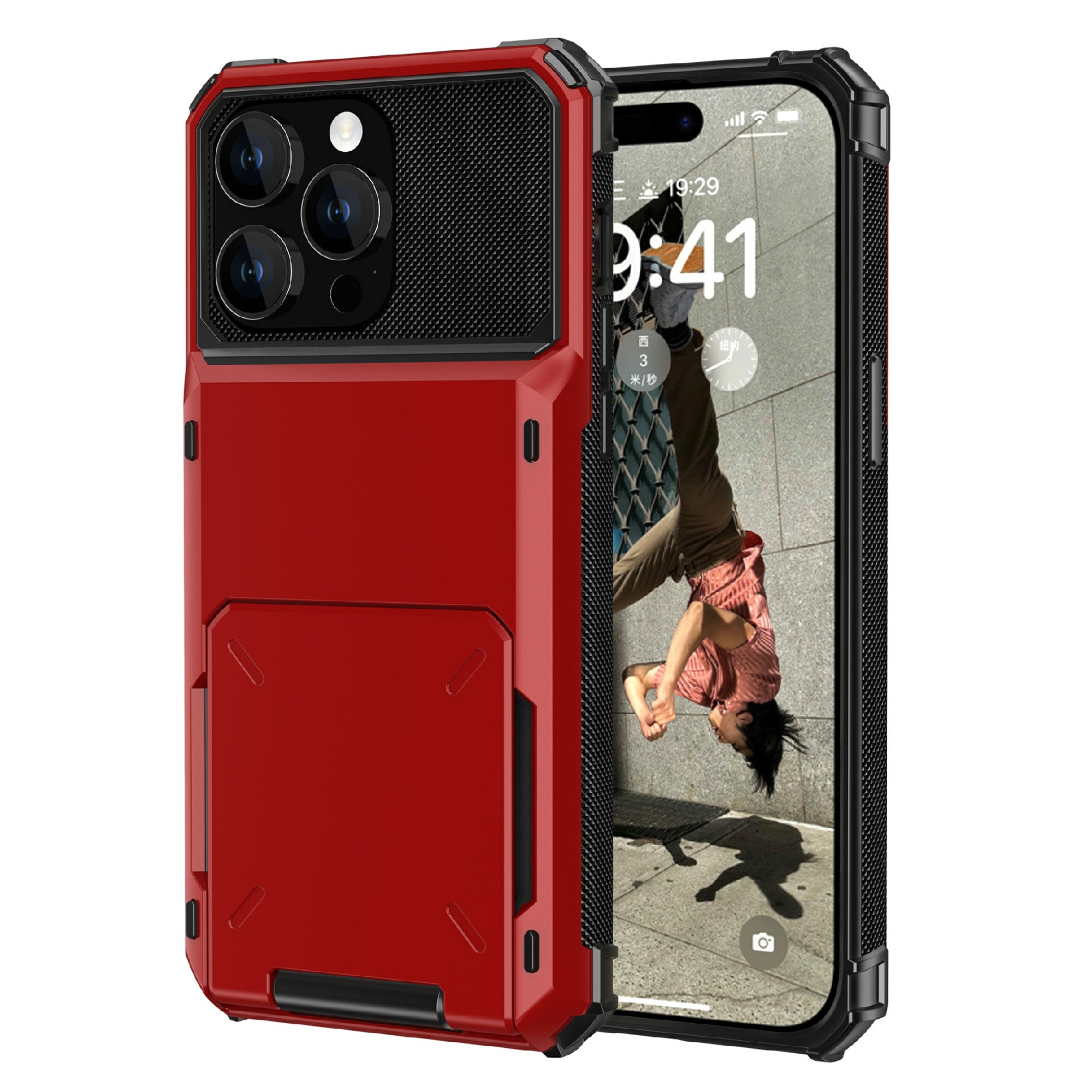 For iPhone 15 TPU PC Shockproof Phone Case Flip Card Holder Back Cover
