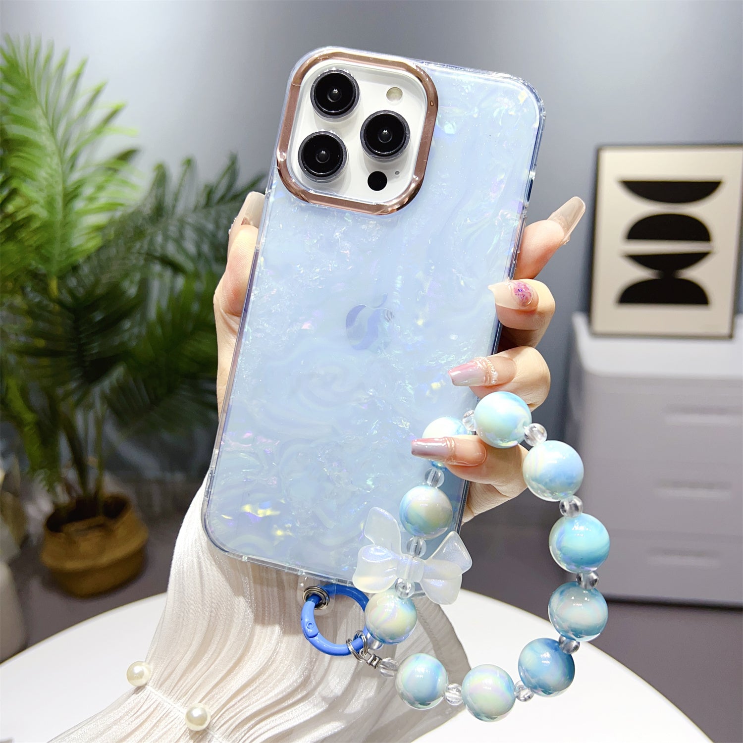 For iPhone 13 Pro Max 6.7 inch TPU PC Phone Cover IMD Shell Pattern Anti-drop Case with Pearl Hand Chain