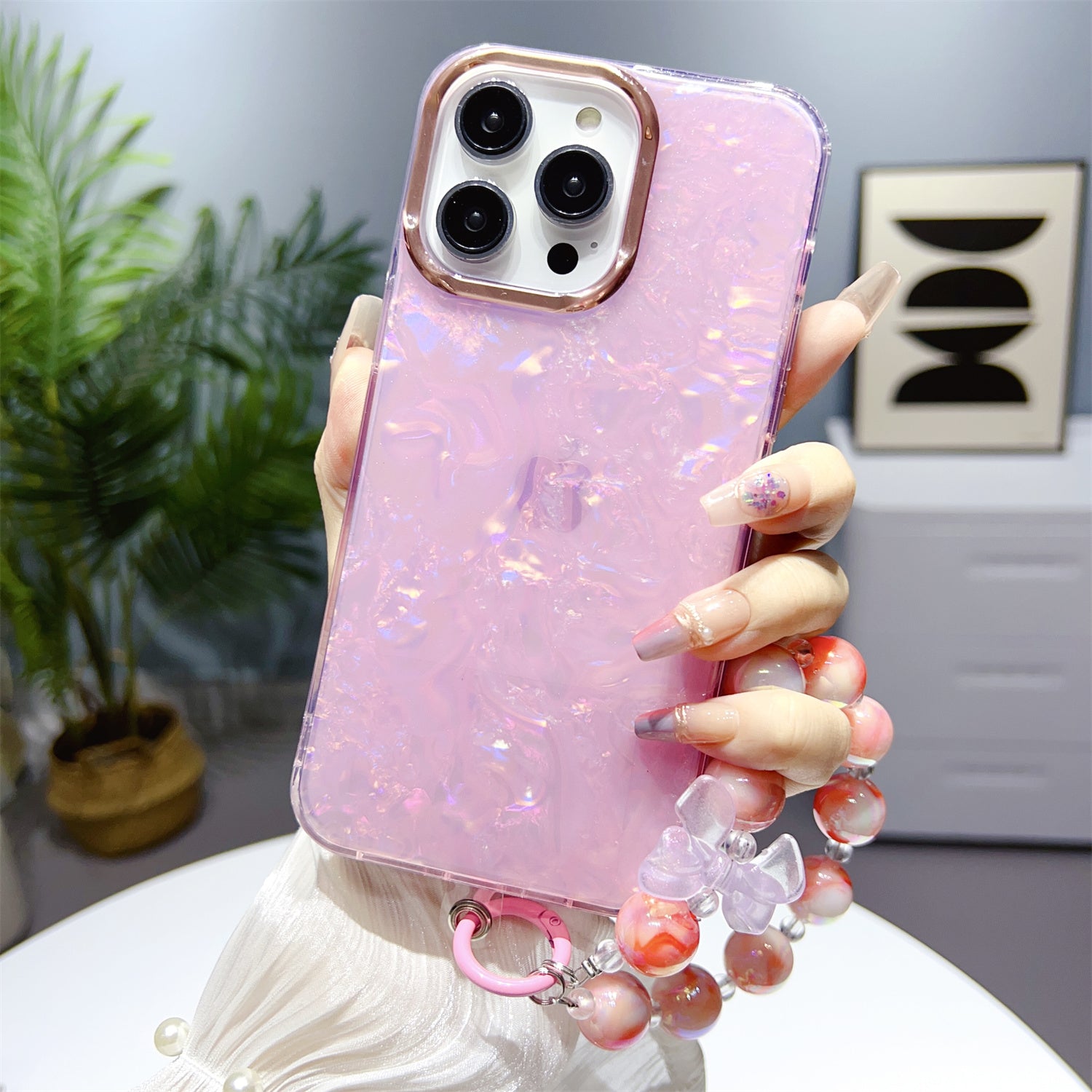 For iPhone 13 Pro Max 6.7 inch TPU PC Phone Cover IMD Shell Pattern Anti-drop Case with Pearl Hand Chain