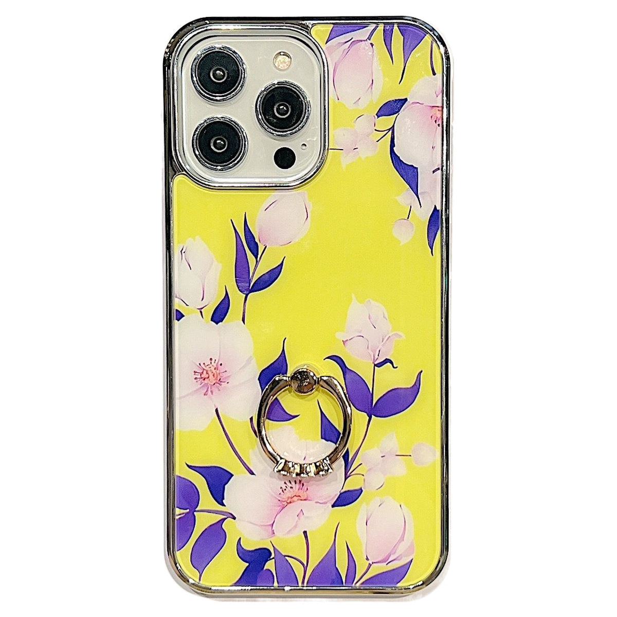 For iPhone 14 Pro Max Ring Kickstand Phone Case IMD Flower Pattern Electroplating PC TPU Cover