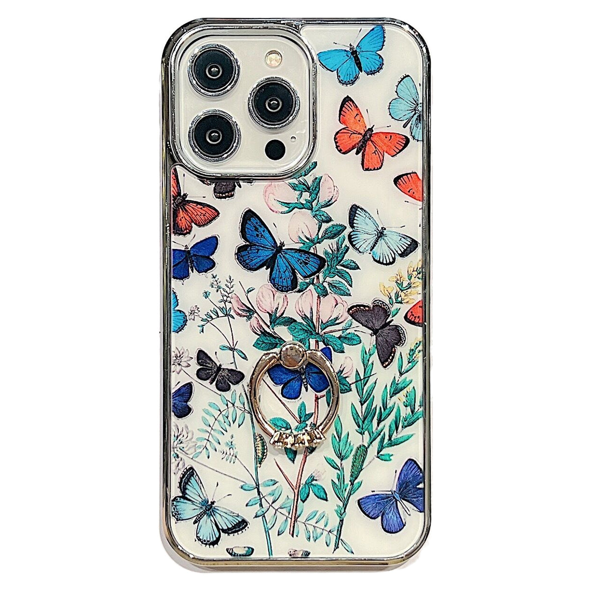 For iPhone 14 Pro Max Ring Kickstand Phone Case IMD Flower Pattern Electroplating PC TPU Cover