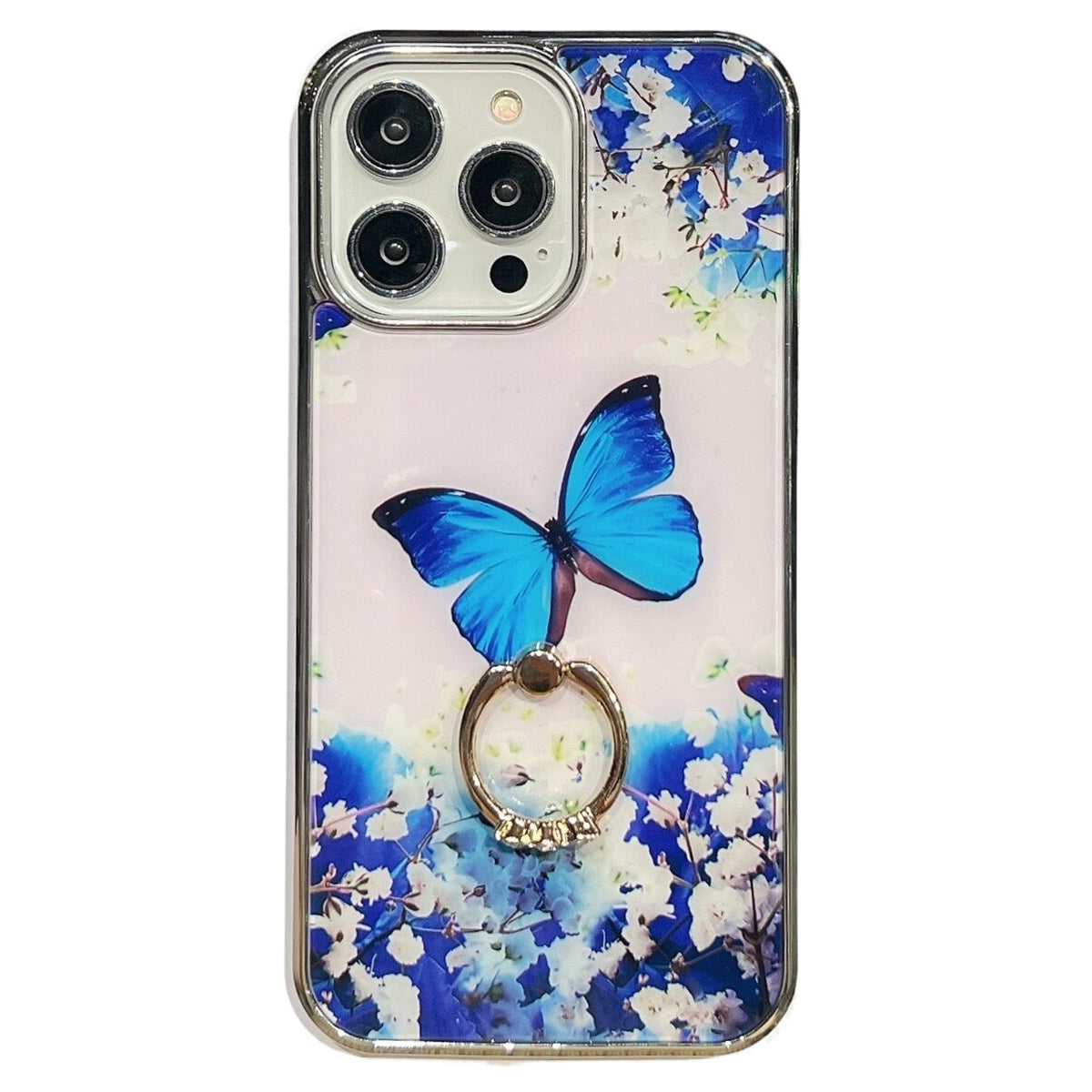 For iPhone 14 Pro Max Ring Kickstand Phone Case IMD Flower Pattern Electroplating PC TPU Cover