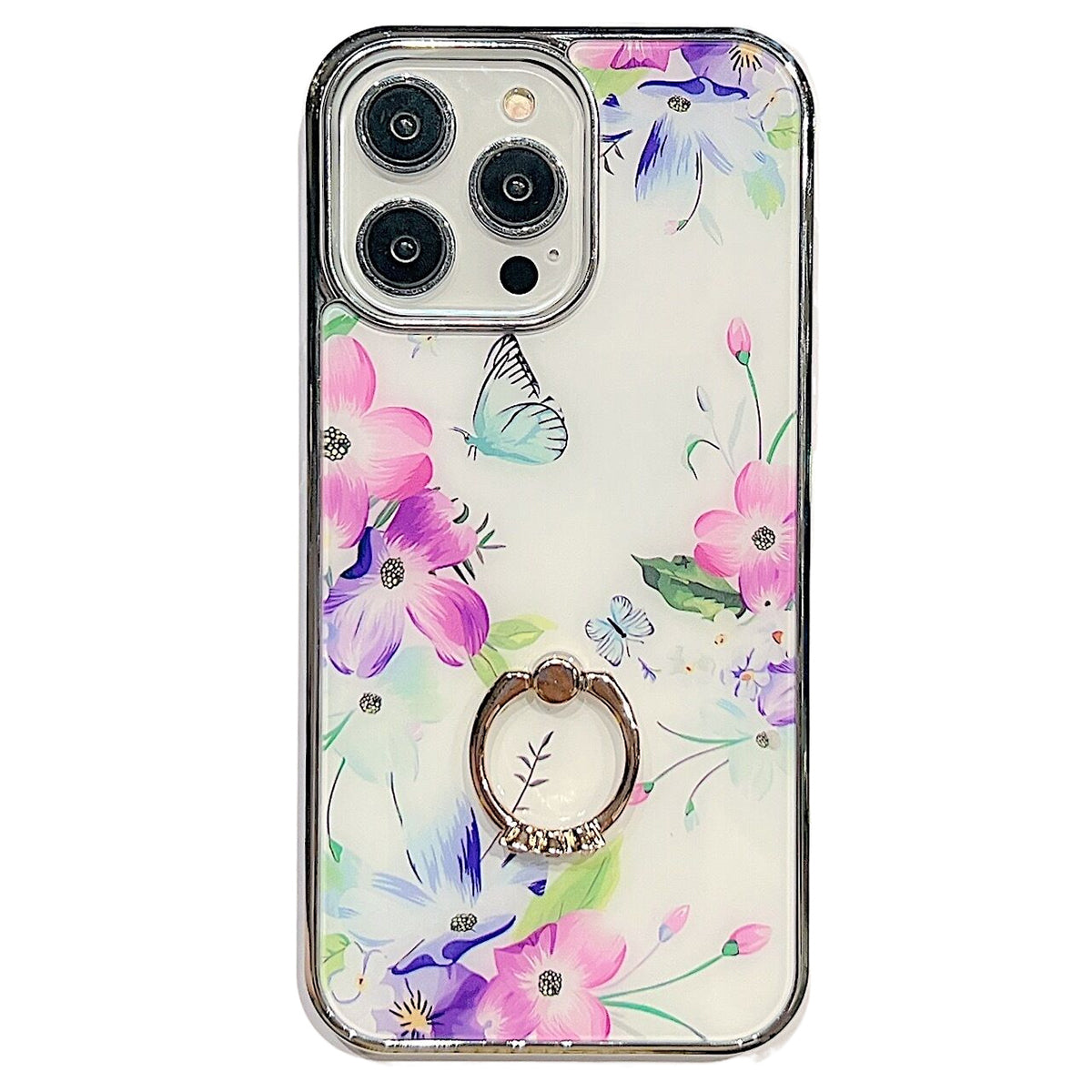 For iPhone 14 Pro Max Ring Kickstand Phone Case IMD Flower Pattern Electroplating PC TPU Cover