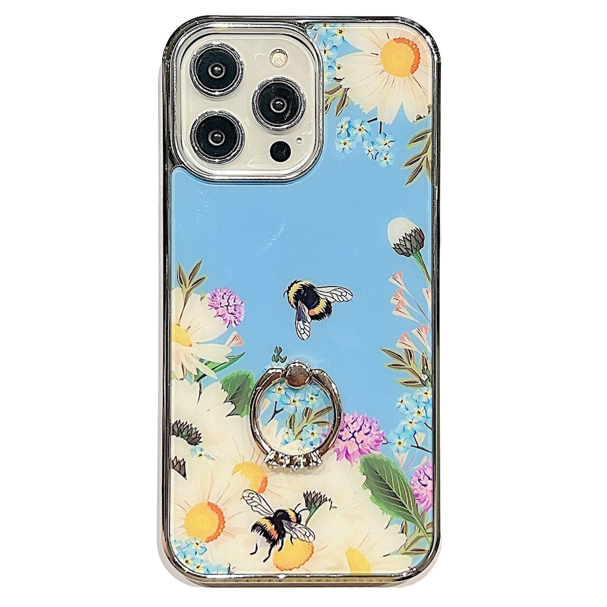 For iPhone 13 Pro Max 6.7 inch Ring Kickstand IMD Flower Pattern Phone Case Electroplating PC TPU Cover