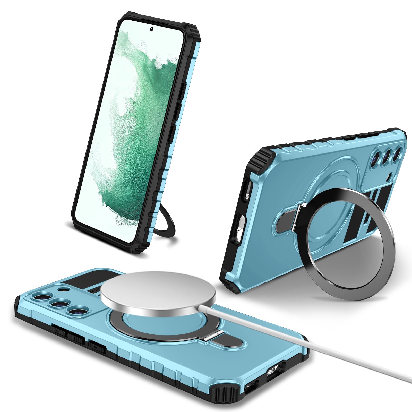 For Samsung Galaxy S22 5G Magnetic Phone Case Kickstand PC TPU Anti-Scratch Cover